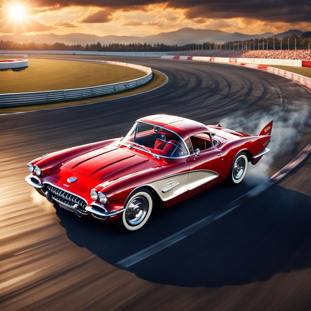 Red 1960 Corvette C1 Races at Sunset