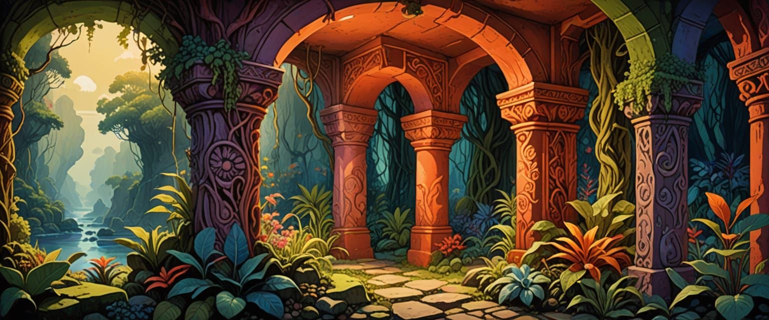 Mysterious Tiki Passageway in Comic Book Style
