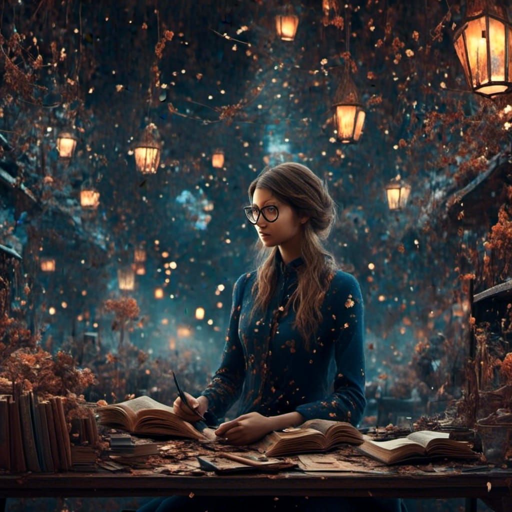 Magical Office Scene with Fireflies and Books