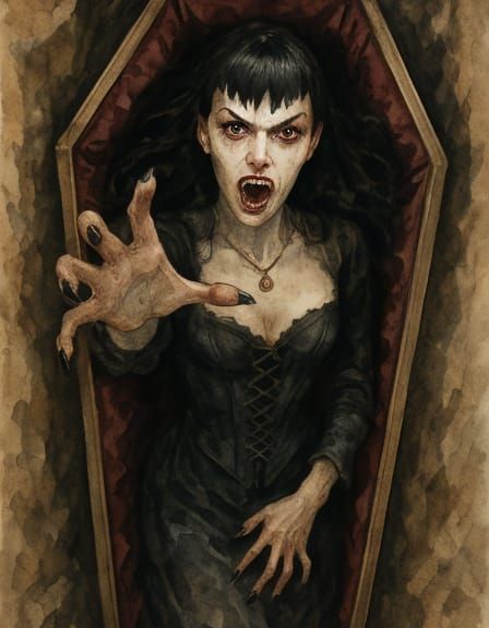 Vampire in Velvet Coffin, Watercolor Comic Style