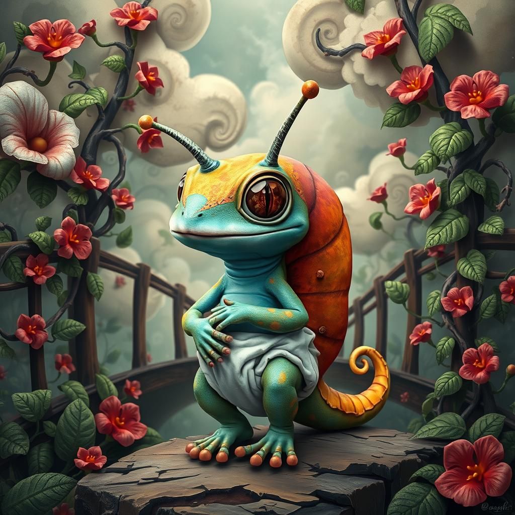 Mischievous Snail-Gecko Hybrid in Dreamlike Setting