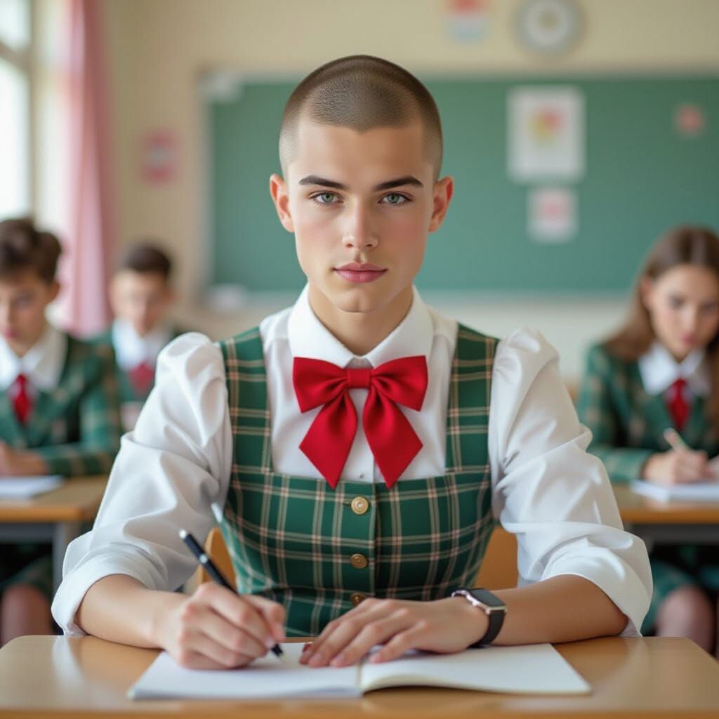 Man in Schoolgirl Uniform: Hyperrealistic Concept Art
