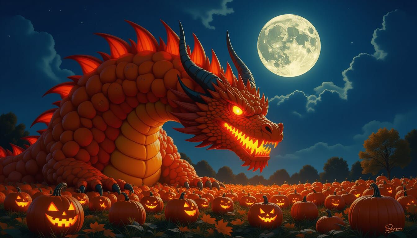 Pumpkin Dragon Guarding Moonlit Patch