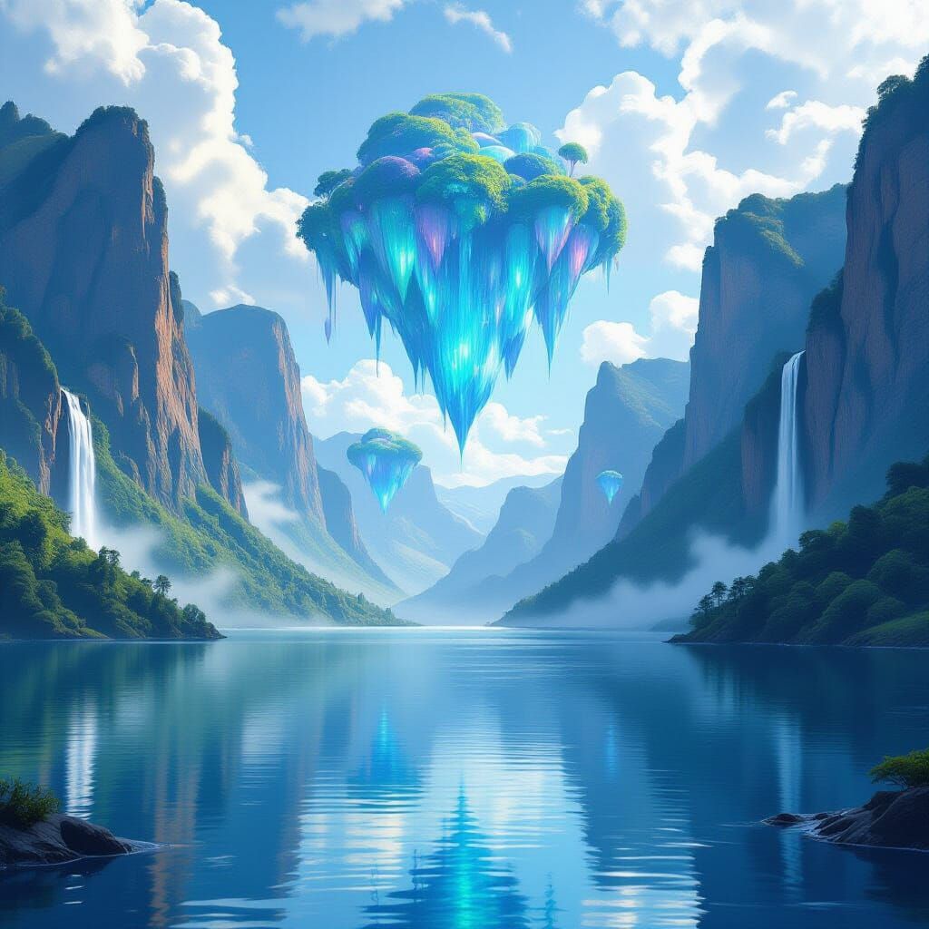 Surreal Floating Islands Over Mountain Lake