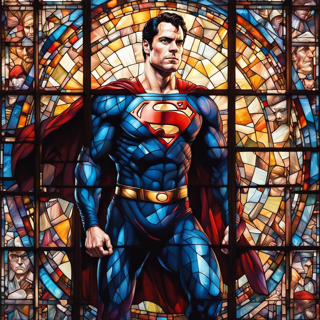 Superman Stained Glass Portrait in Graffiti Art Style