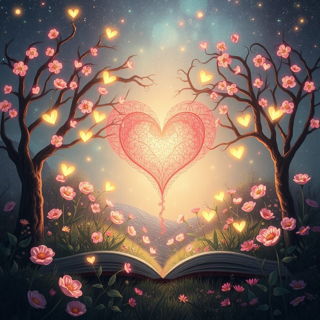 Whimsical Valentine's Day Garden Scene in Art Nouveau Style