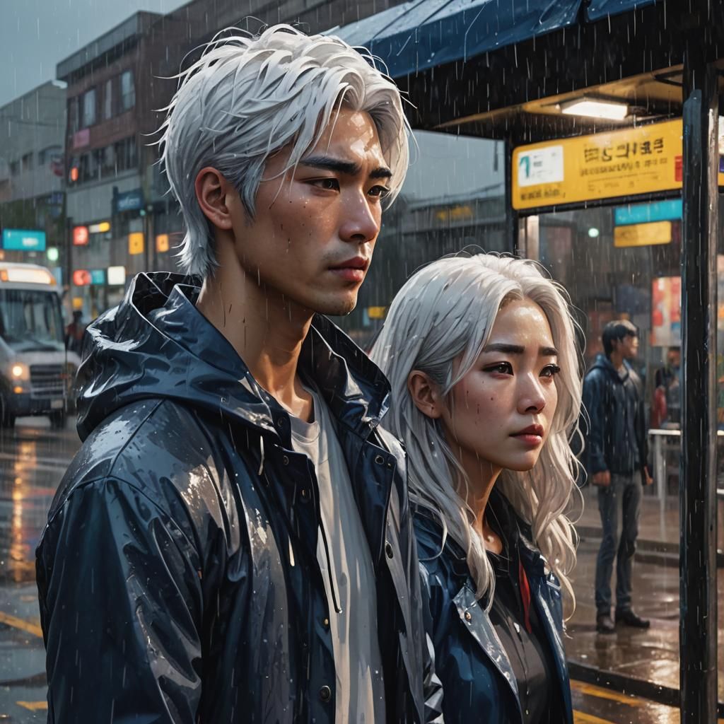 Hyperrealistic Image of Man and Woman at Bus Stop