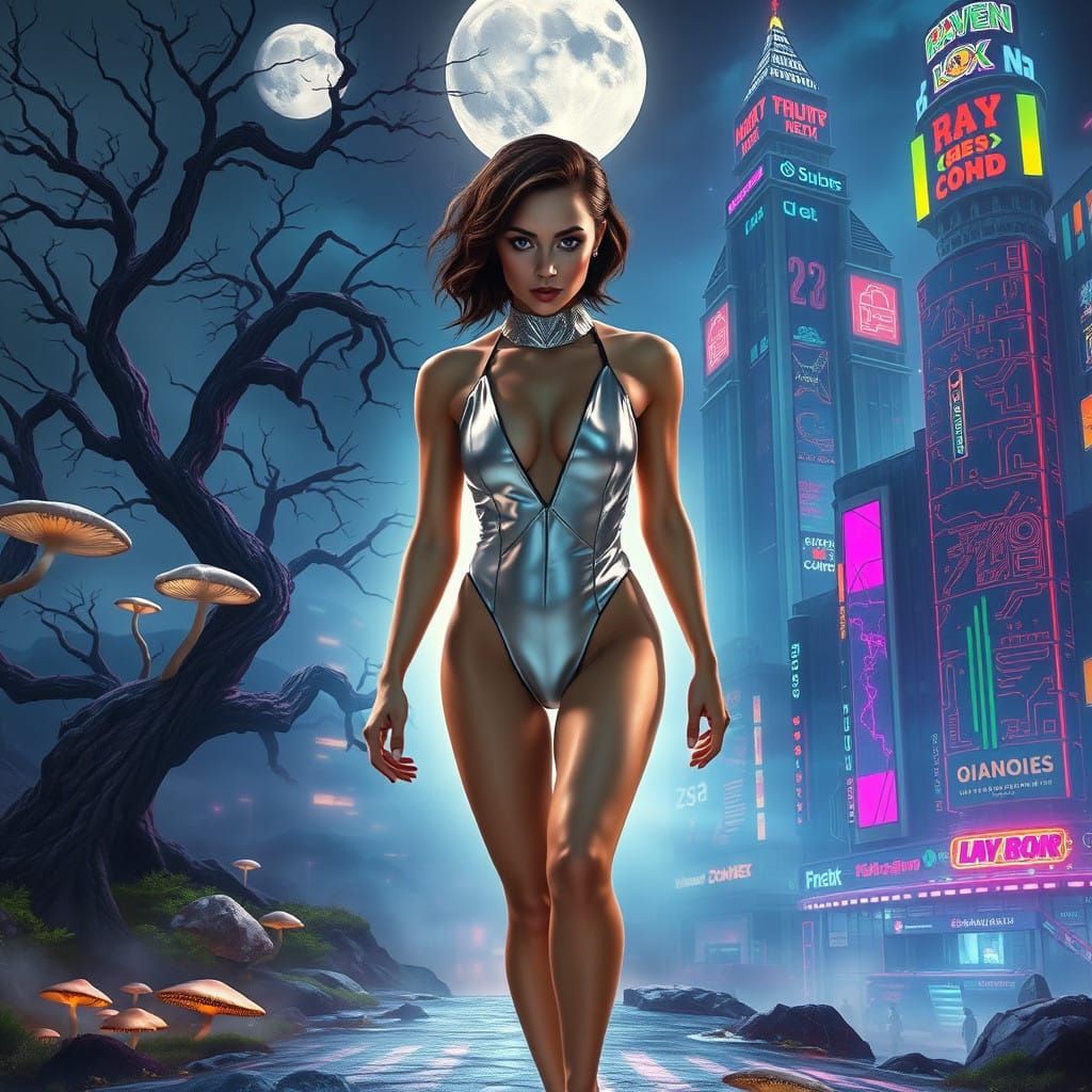 Sleek Woman Steps Through Shimmering Portal into Vibrant Tec...