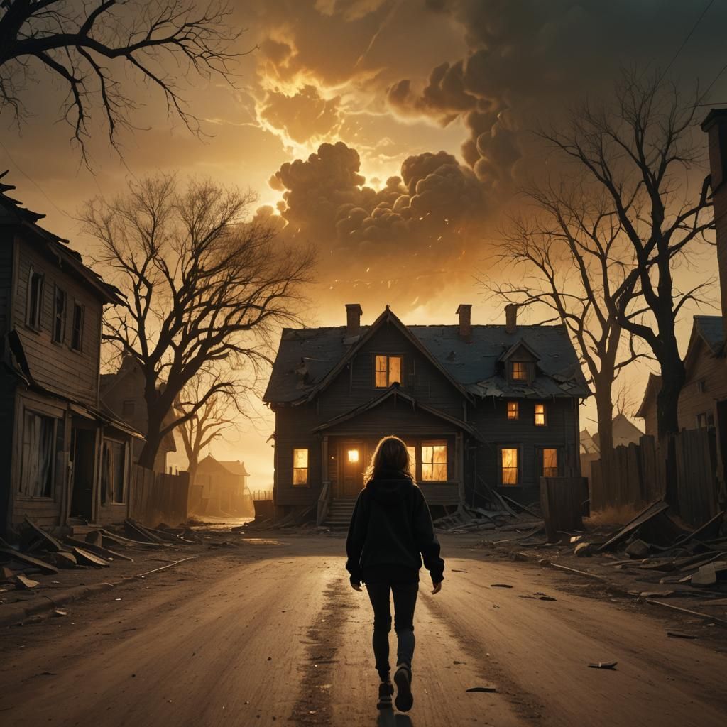 Eerie Girl Running to Deserted House in Tim Burton Style