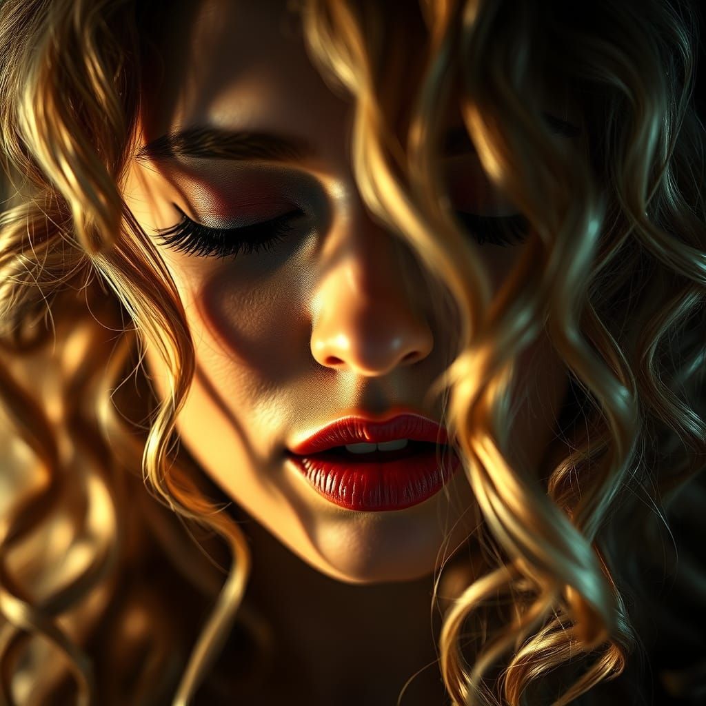 Woman in Golden Blonde Hair, Eyes Closed, Waiting for a Kiss
