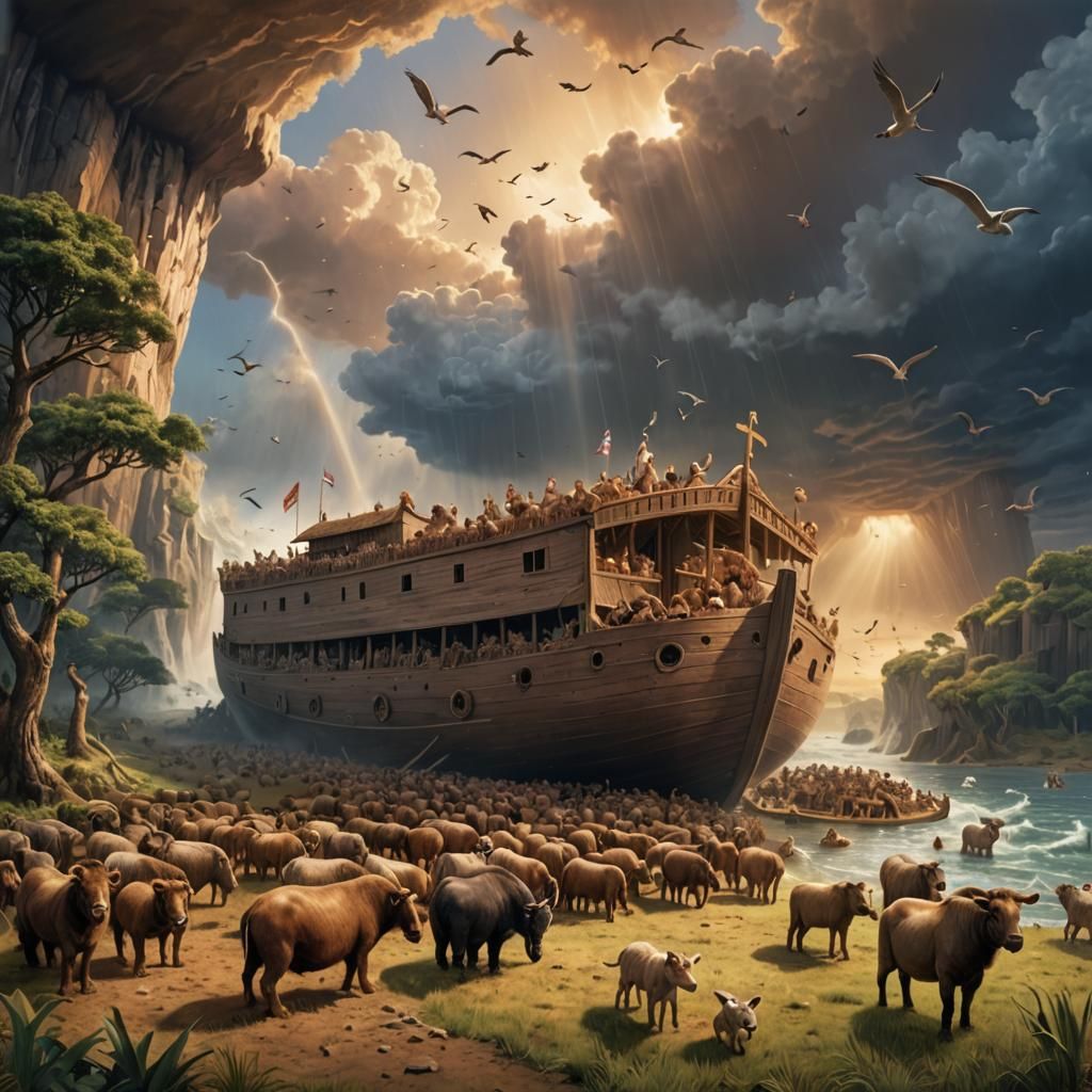 Ancient Ark at Sea, with Animals in the Background