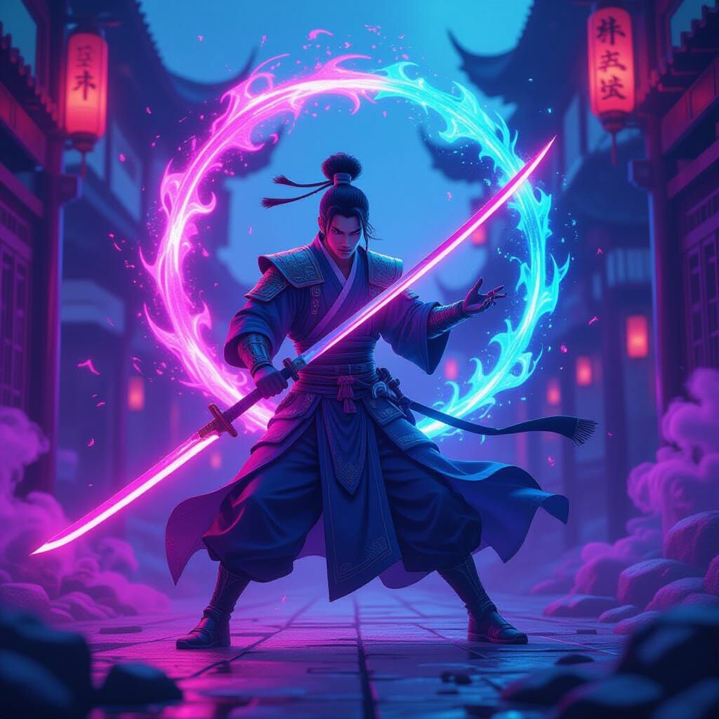 Neon Warrior Wields Mystical Blade in Cyberpunk Scene