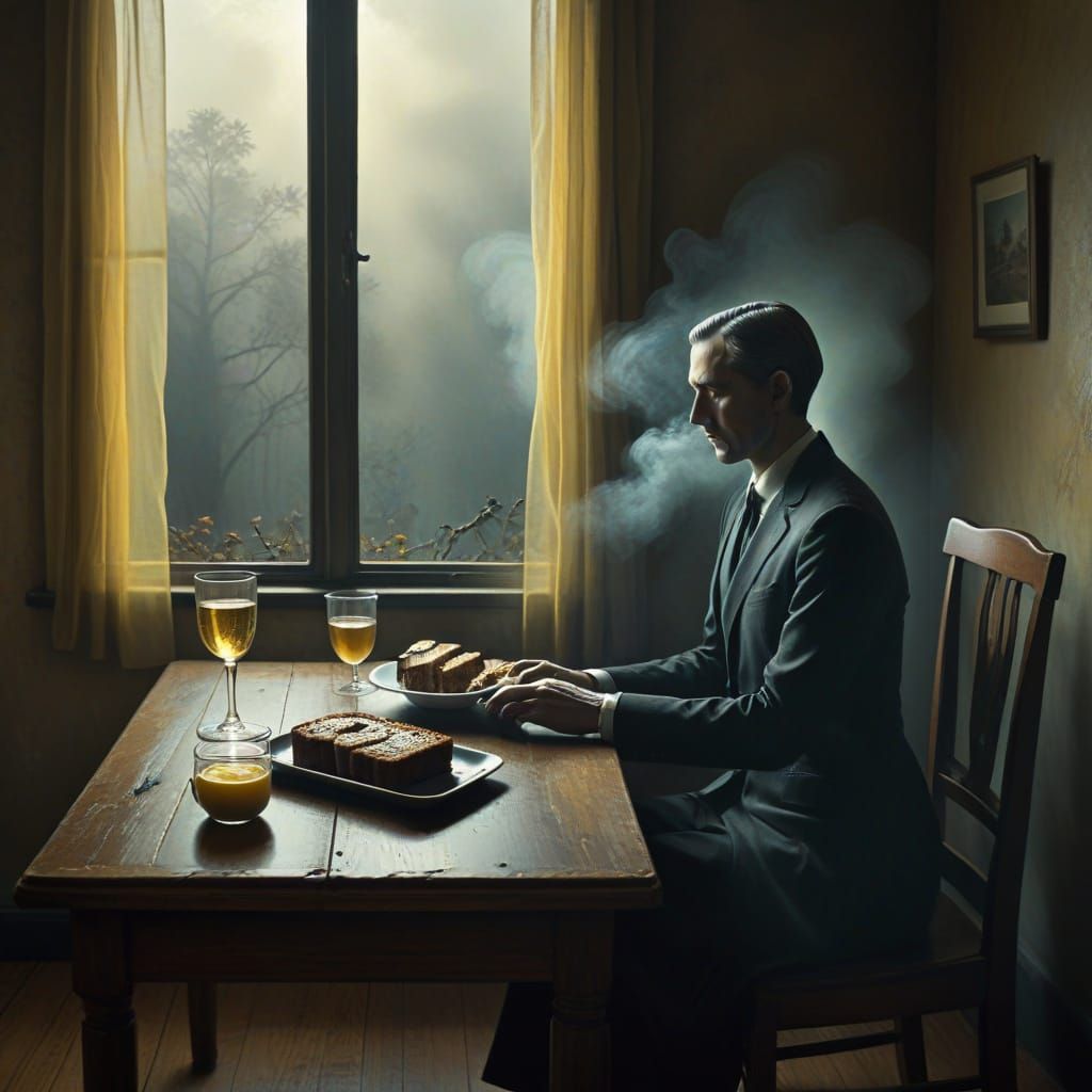 Surreal Figure with Banana Bread and Wine