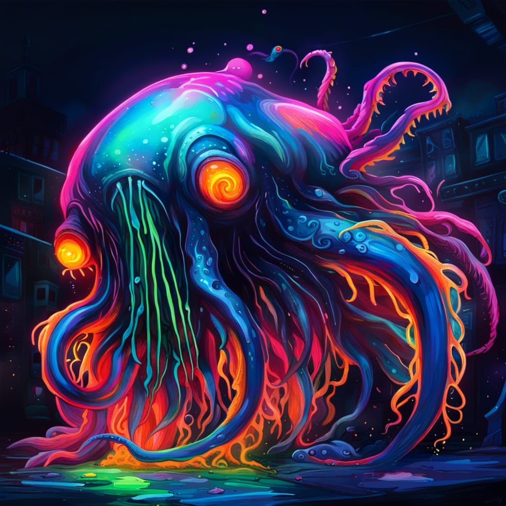 Neon Bioluminescent Squid Graffiti Art