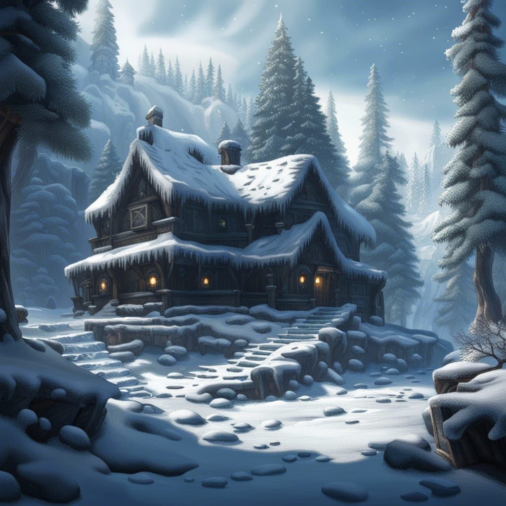 Ice Village in Mountain Meadow, Dark Fantasy Concept Art