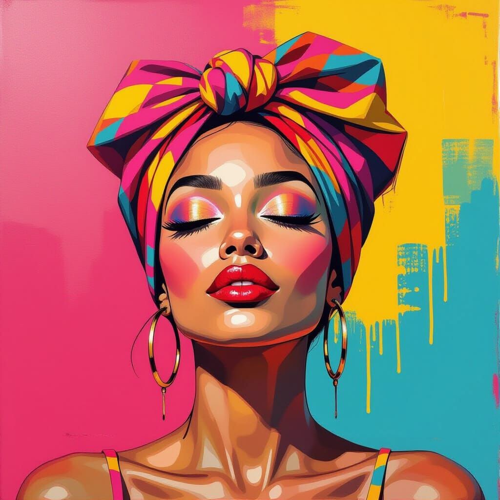 Vibrant Portrait of Woman with Headwrap in Graffiti Art Styl...