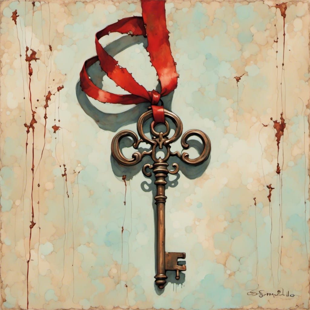 Rusted Key Suspended by Frayed Red Ribbon