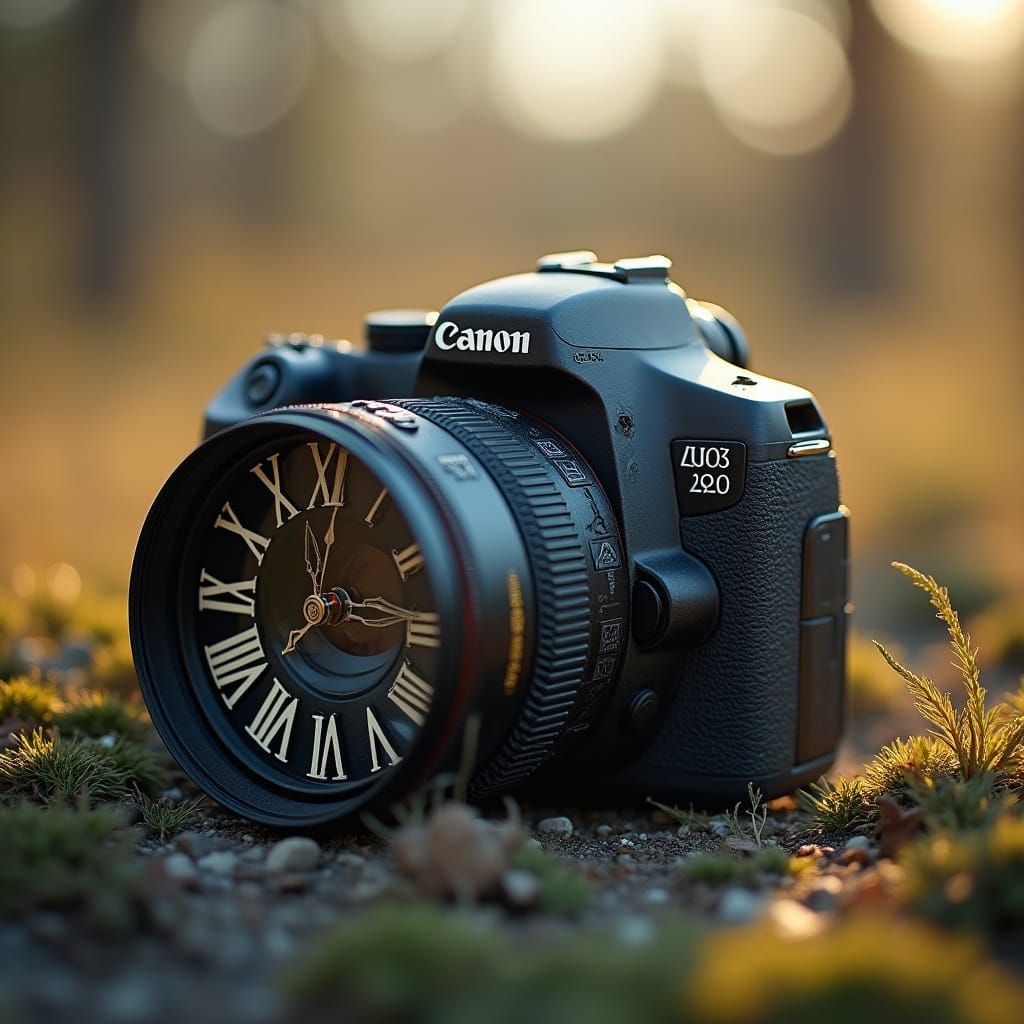 Weathered DSLR Camera on a Rocky Grassy Terrain with a Clock...