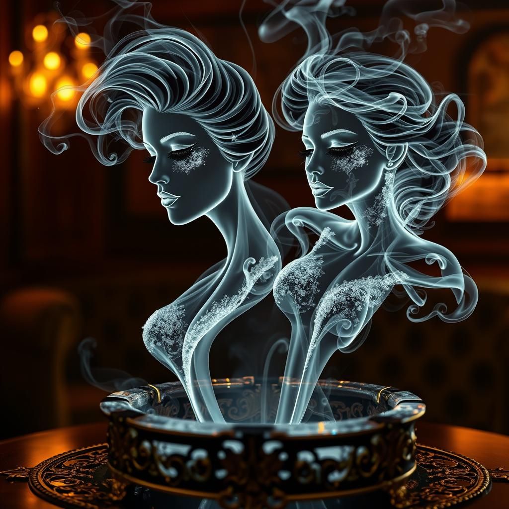 Ethereal Smoke Women in Cigar Lounge, Hyperrealistic Digital...