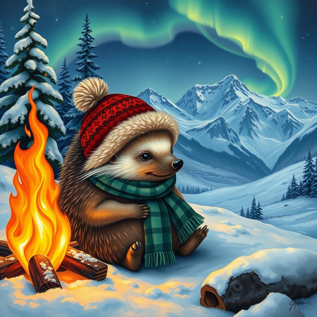 Surreal Alpine Camp Scene with Hedgehog by Crackling Campfir...