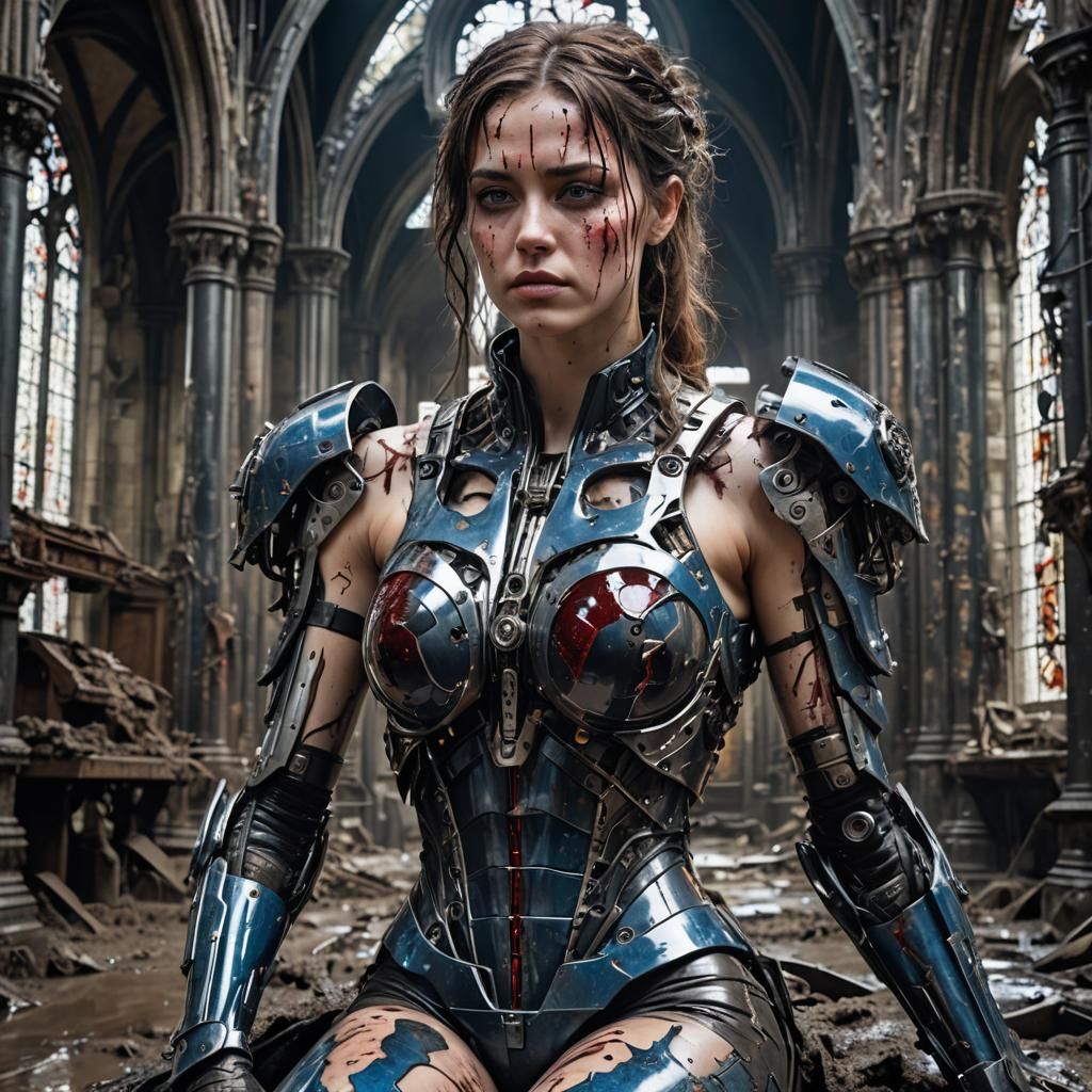 Injured Cyborg Woman in Gothic Church