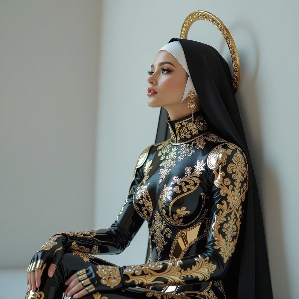 Female Cyborg with Golden Embroidery in Sacred-Futurist Styl...
