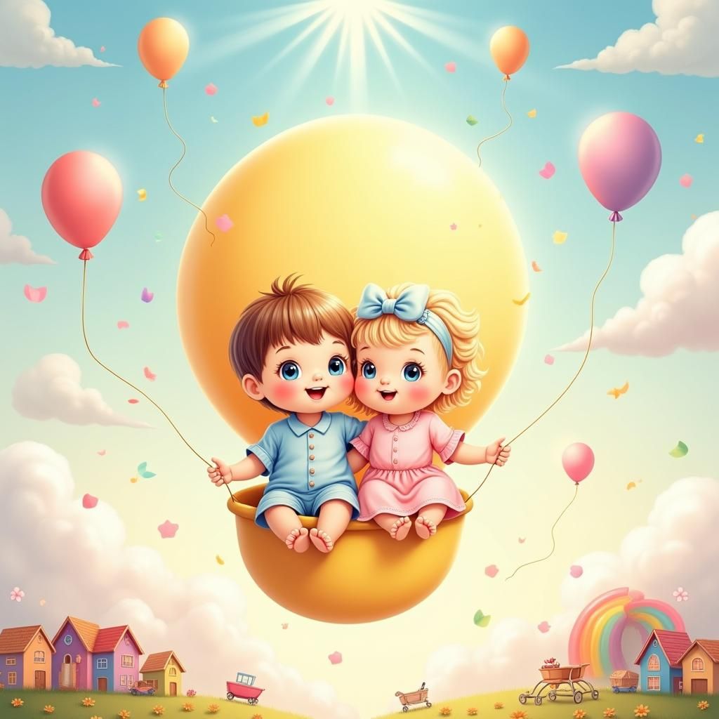 Adorable Babies in a Balloon, Dreamy Illustration