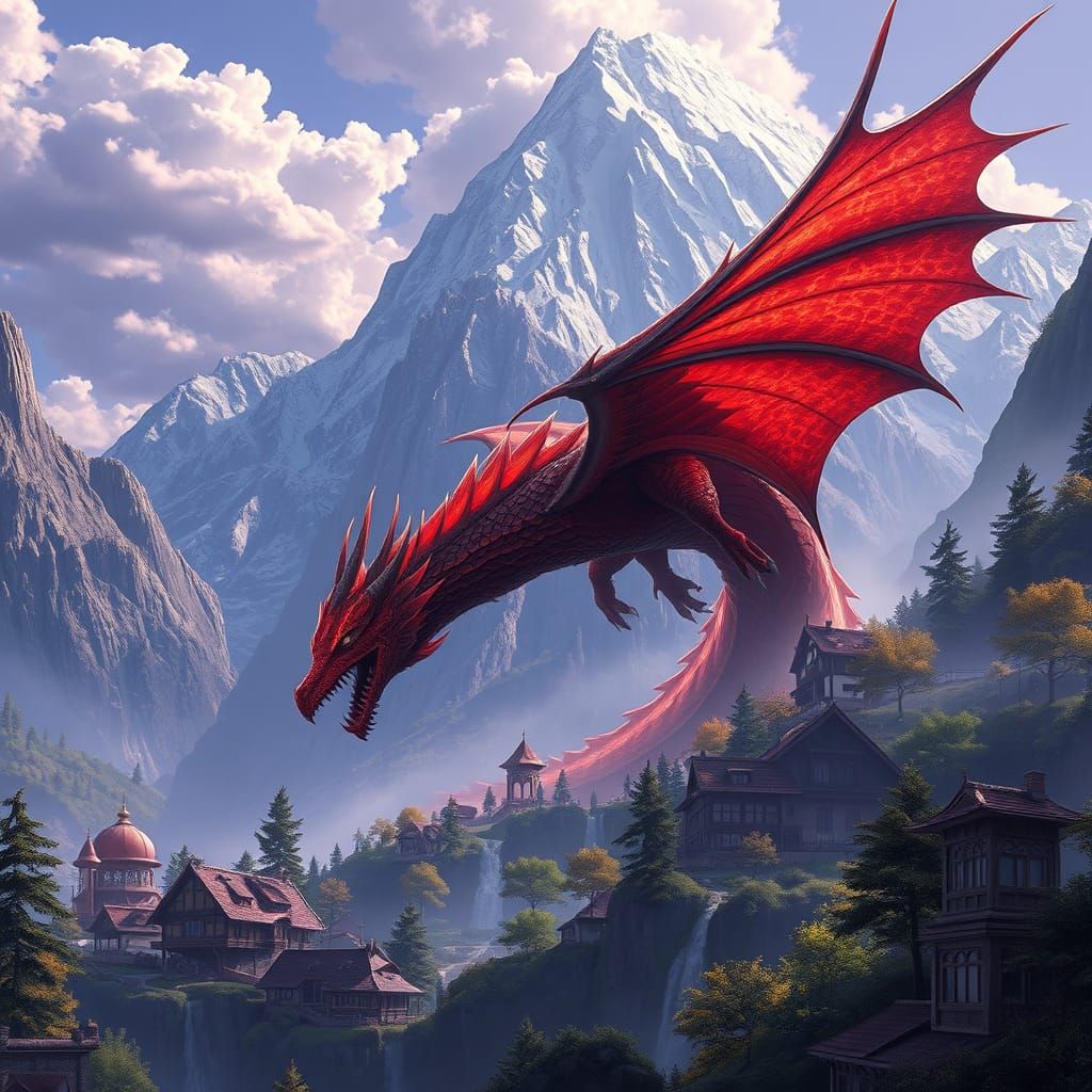 Majestic Red Dragon Soars Above Quaint Village in Dark Fanta...