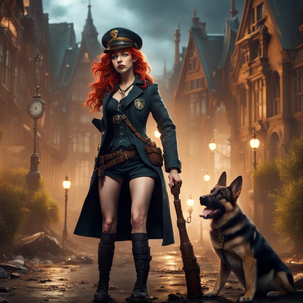 Redhead Detective and German Shepherd in Steampunk Style