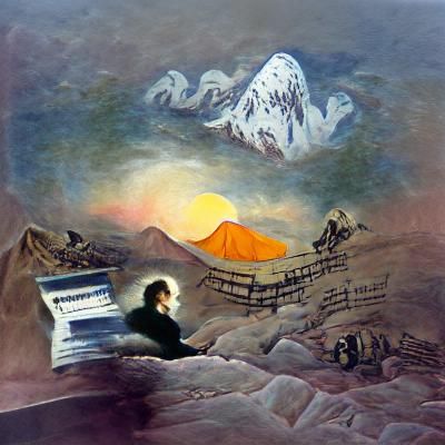 Pianist on Everest with Orange Sky