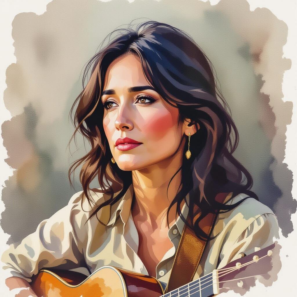 Joan Baez Portrait in Expressive Watercolor Style
