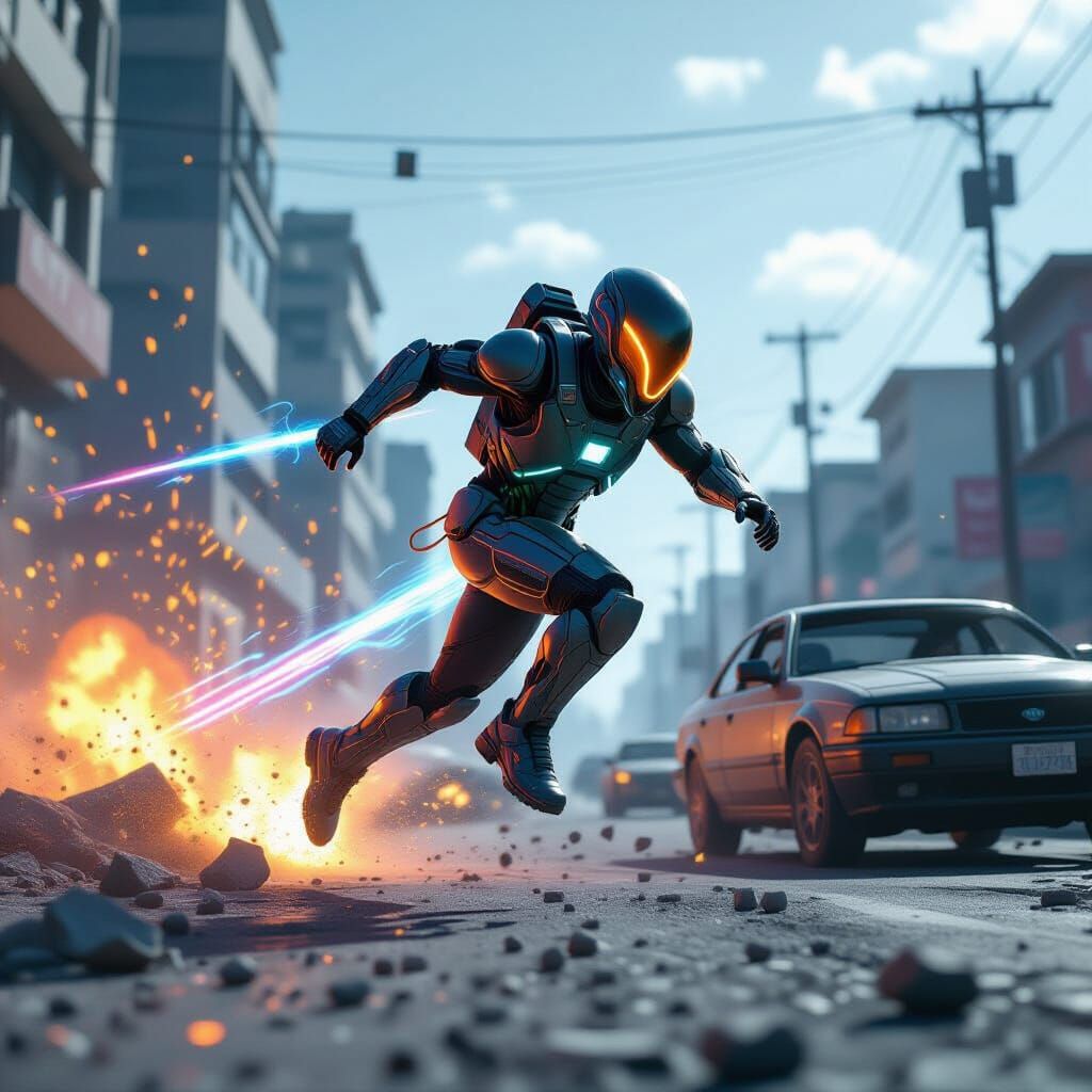 Alien Warrior Dashes Through Ruined City Amidst Explosions