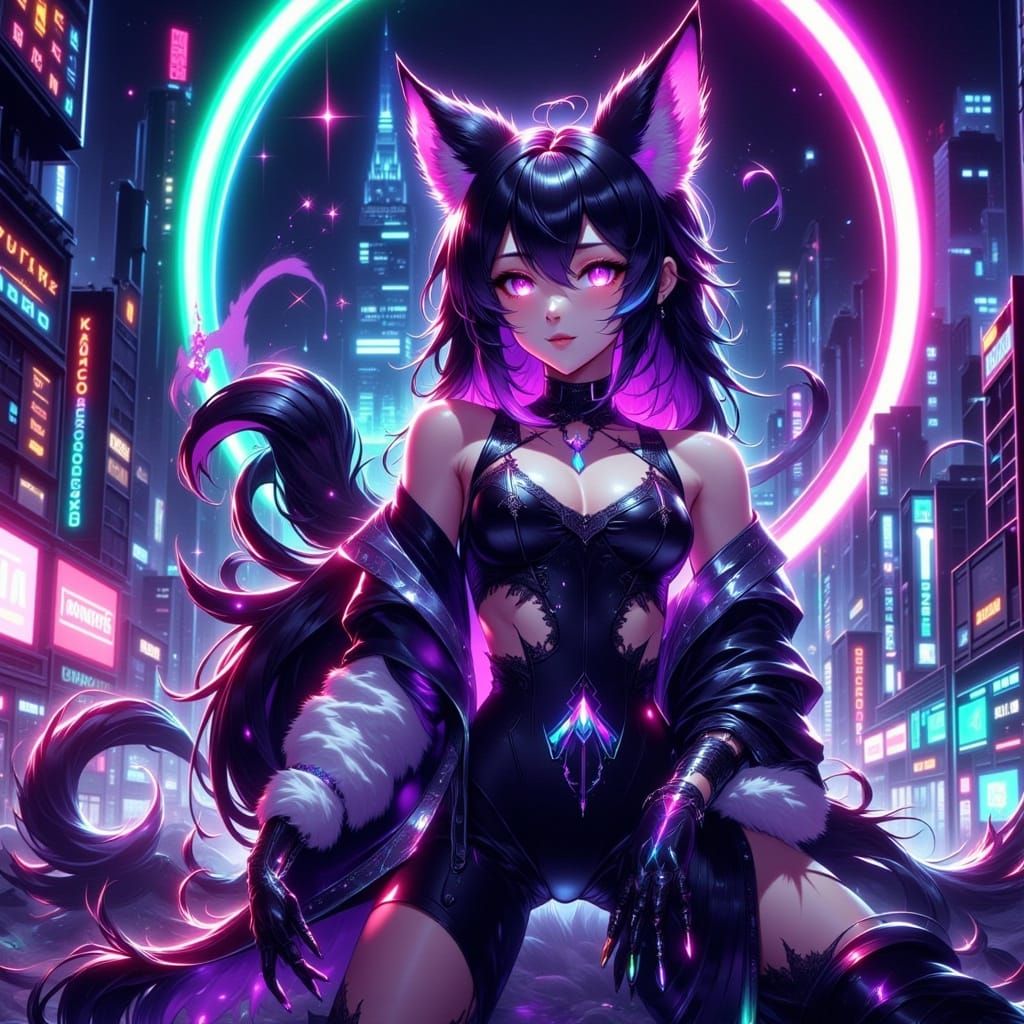 Sleek Fox Maiden in Neon City