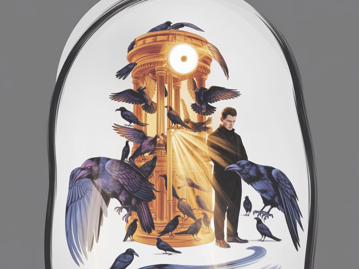 Man in Black Surrounded by Ravens in Golden Light