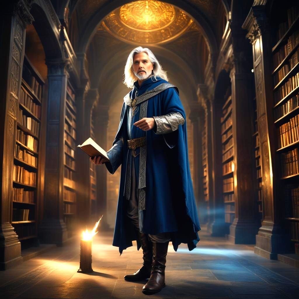 Handsome Silver-Haired Wizard in Library: Digital Matte Pain...