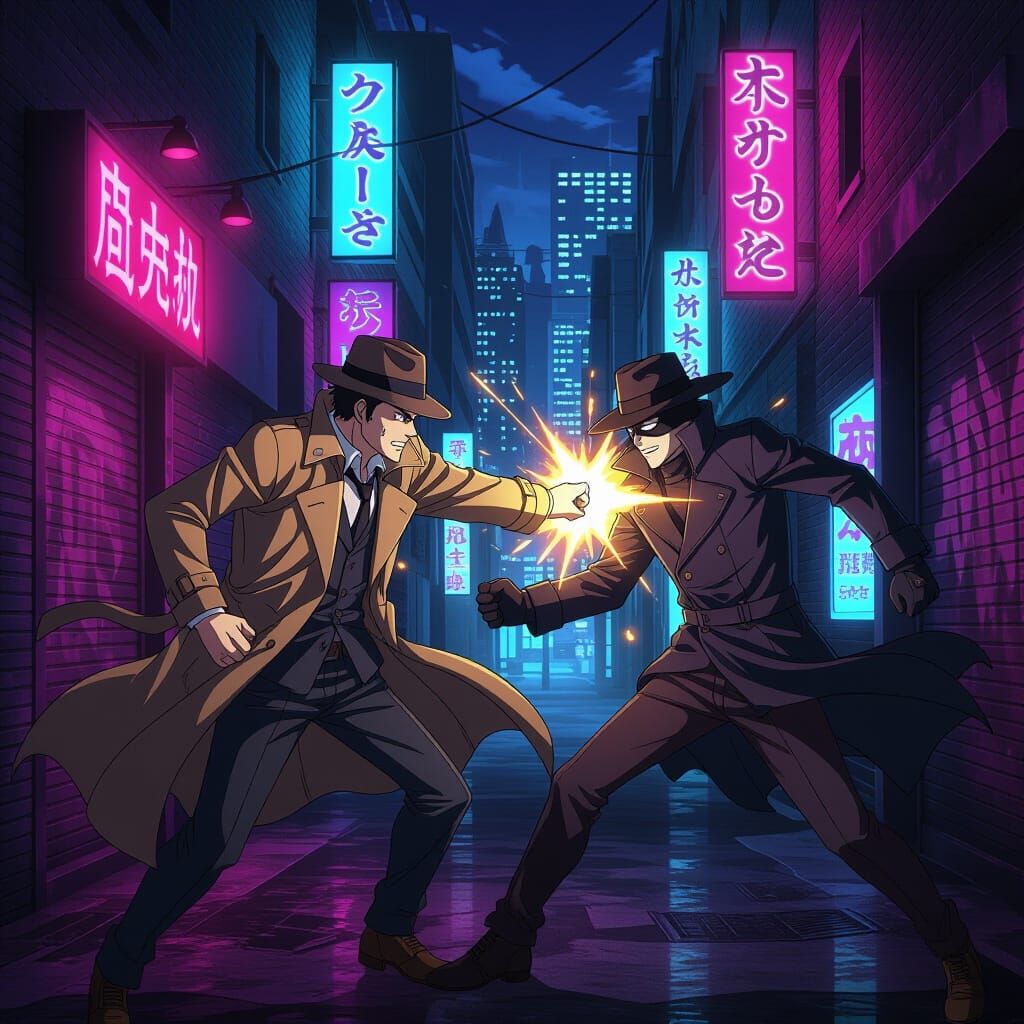Anime Detective Battles Masked Criminal in Neon City
