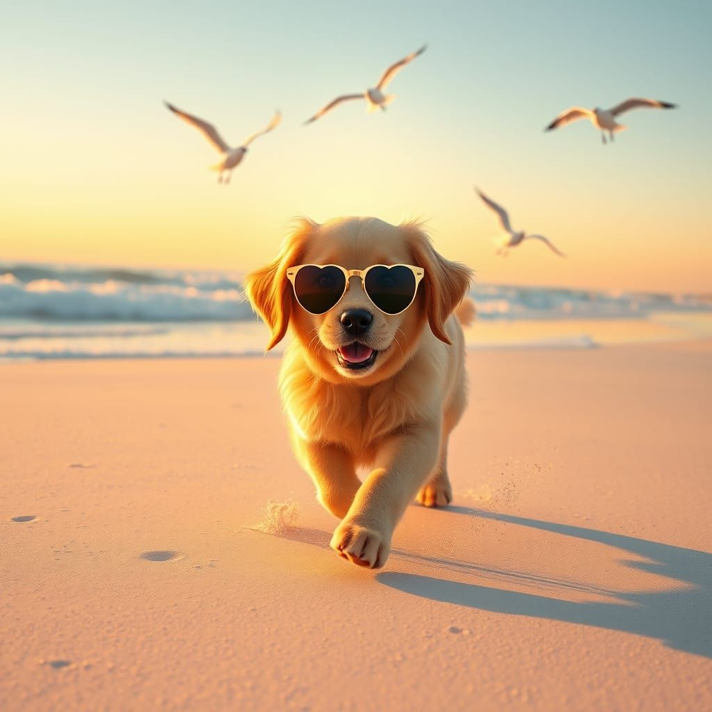 Golden Retriever Puppy Chases Seagulls on Pristine Beach at ...