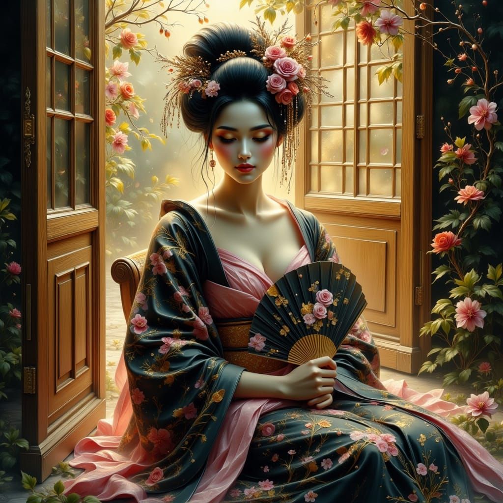 Elegant Geisha in Kimono with Dreamy Gaze