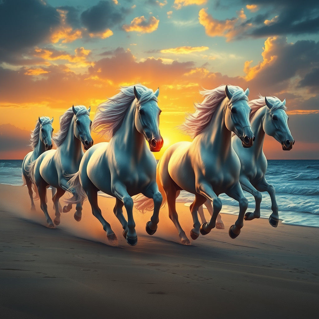 White Horses Galloping at Sunset: Fantasy Concept Art