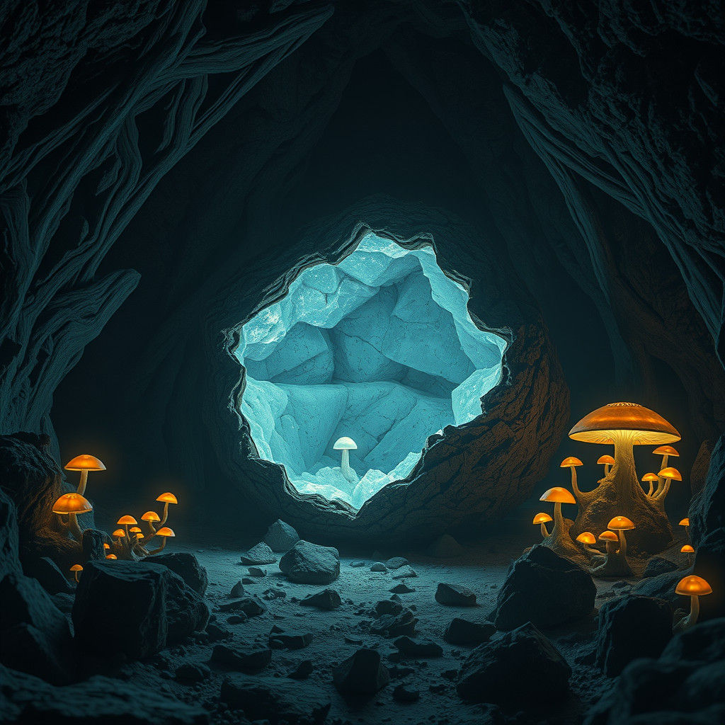 Geode Lair Illuminated by Bioluminescent Mushrooms