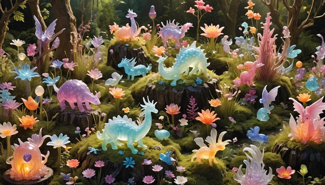 Enchanting Jelly Sculptures in Mystical Forest Scene
