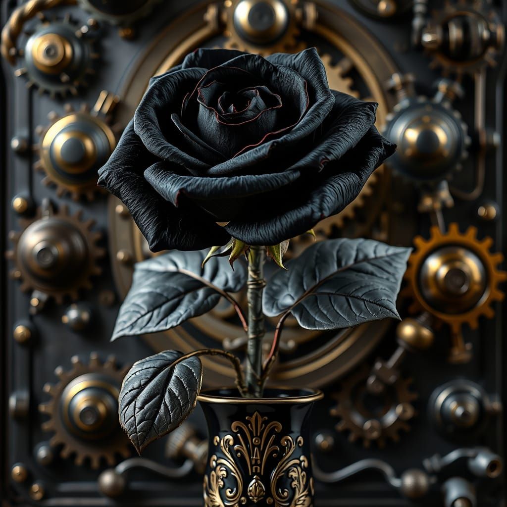 Black Rose in Steampunk Vase, Gothic Metal Style
