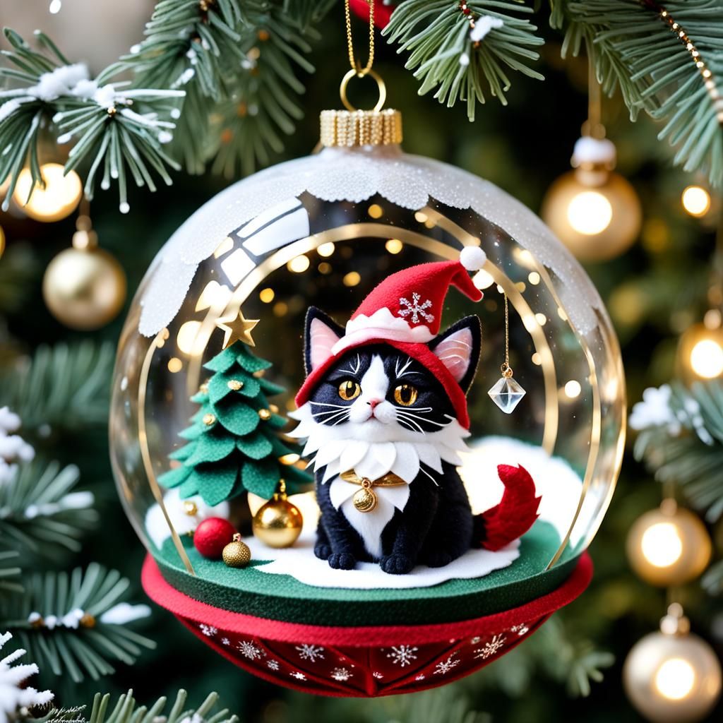 Christmas Cat Gnome in Glass Ball, Felt Art