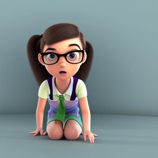Shy Schoolgirl with Glasses: Pixar-Style 3D Render