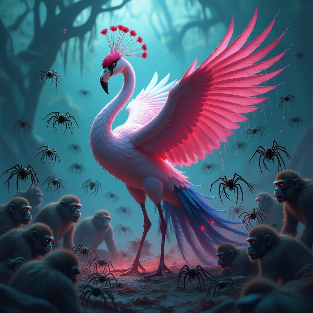 Humanoid Flamingo-Peacock Tyrant Controlling Spider Horde