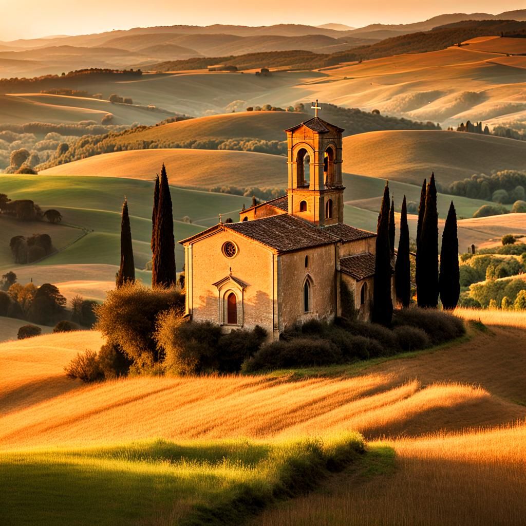 Tuscan Church at Sunset as Oil Painting