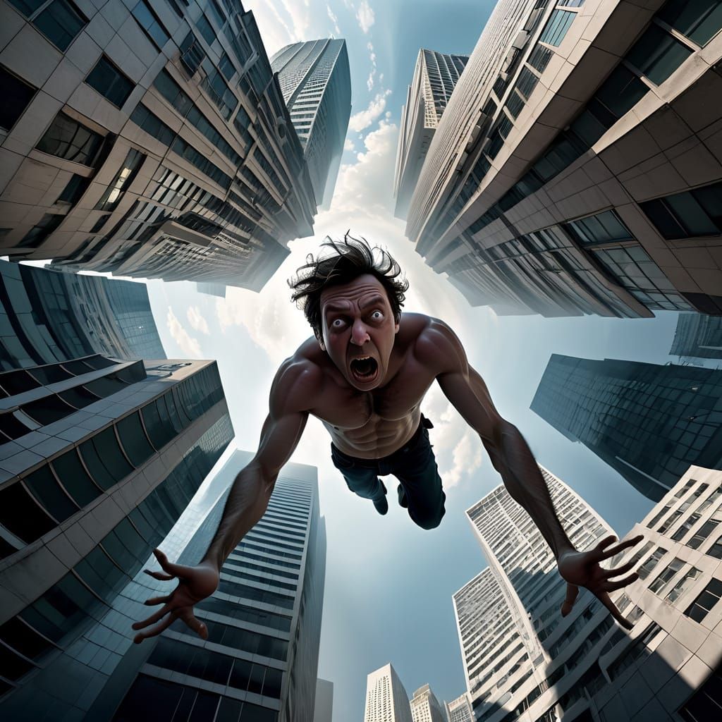Screaming Man Falling Through Distorted Cityscape