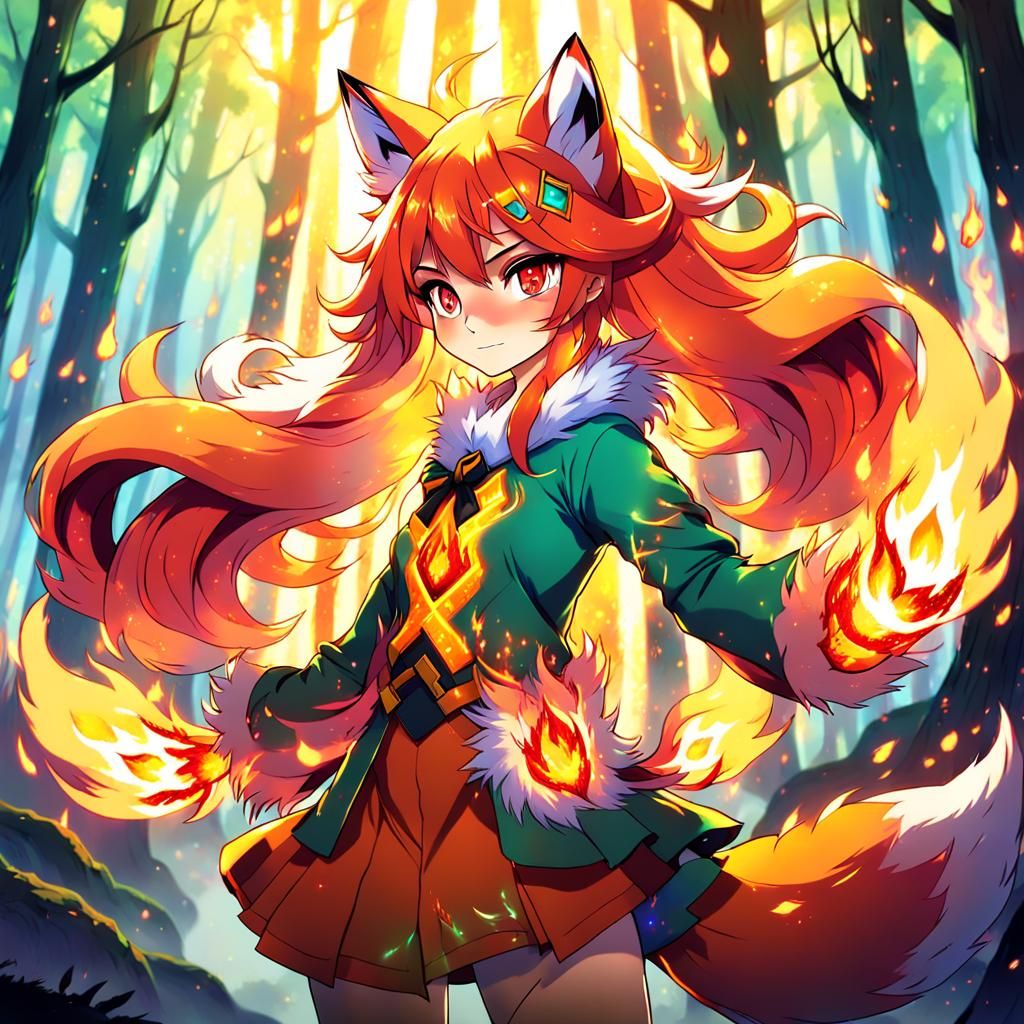 Anime Fox-Girl with Fire Powers in Amano Style