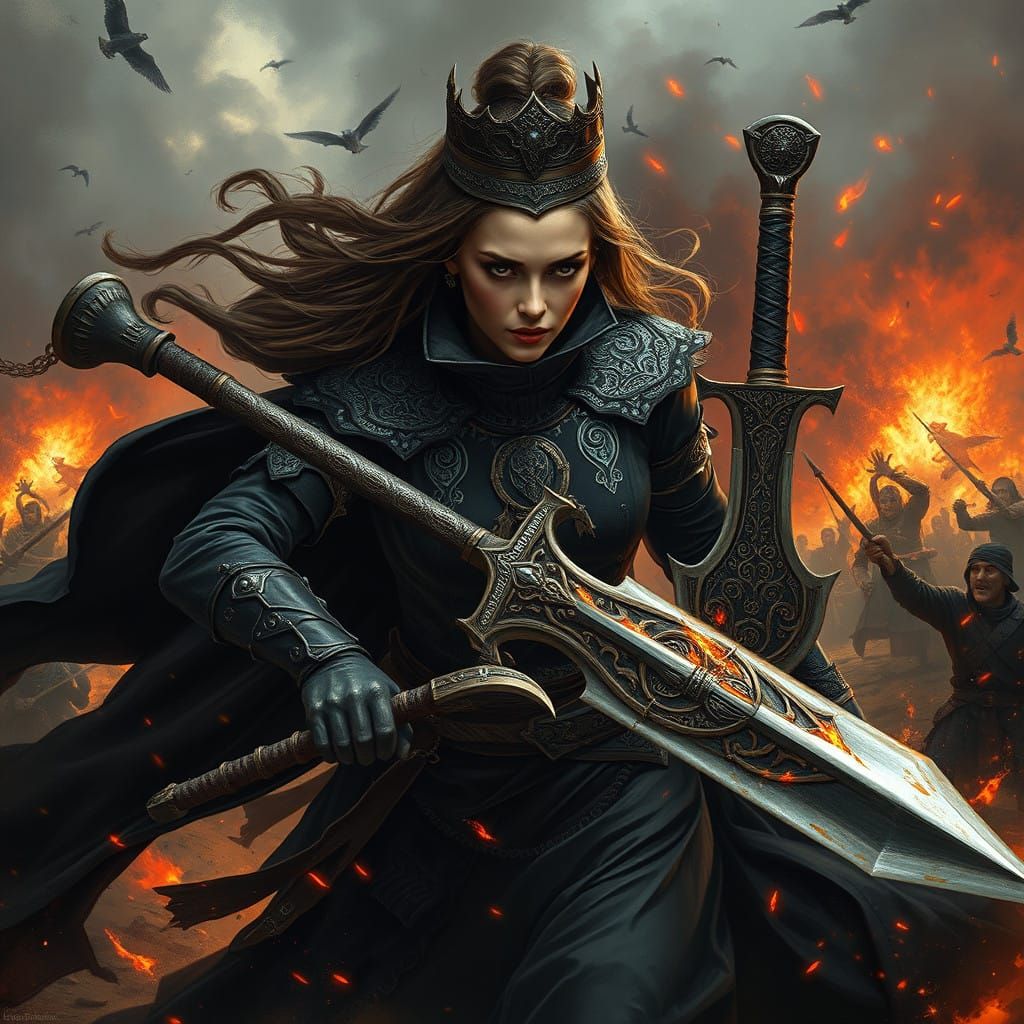 Warrior Queen in Black Dress Fights Fiercely