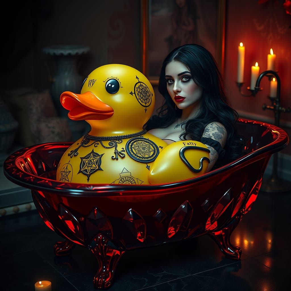 Gothic Rubber Duck Basks in Ruby Red Crystal Tub